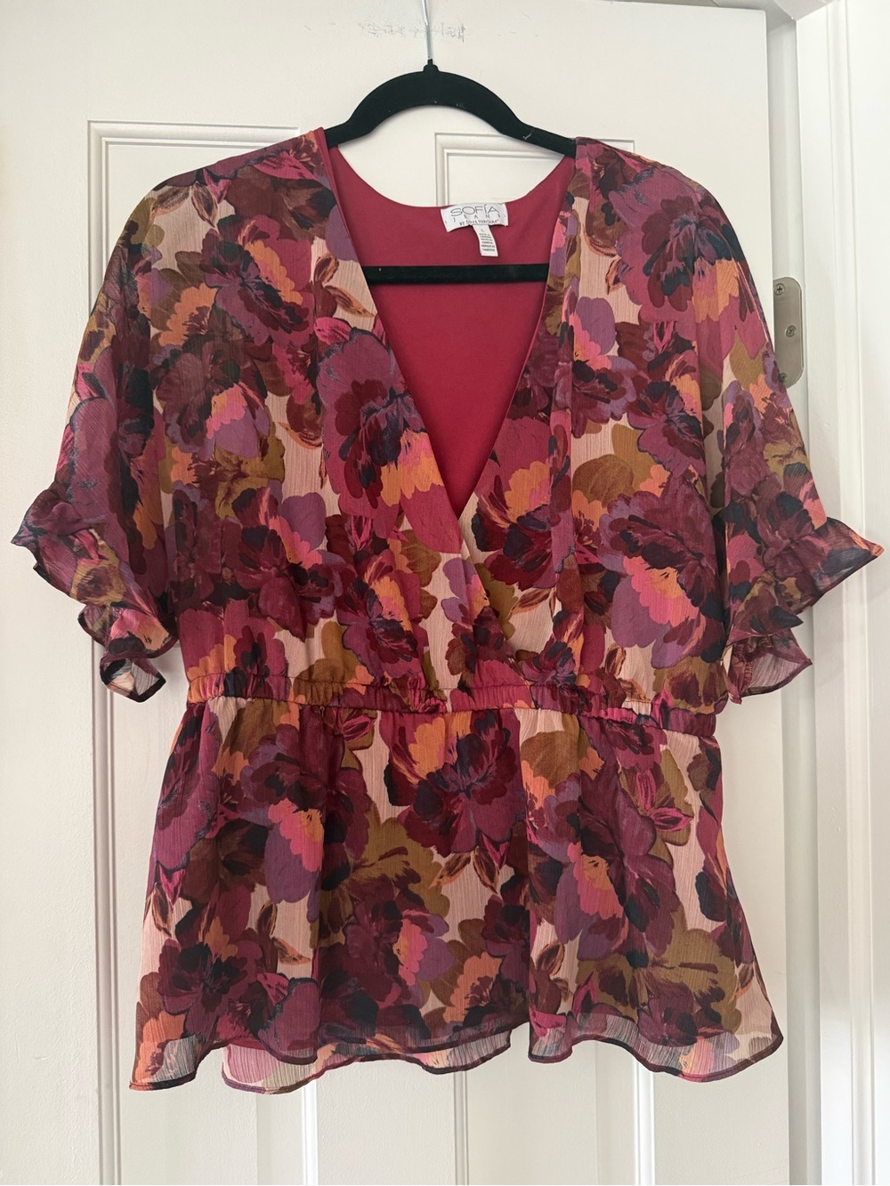 Wine Floral Peplum Blouse Women’s Size L